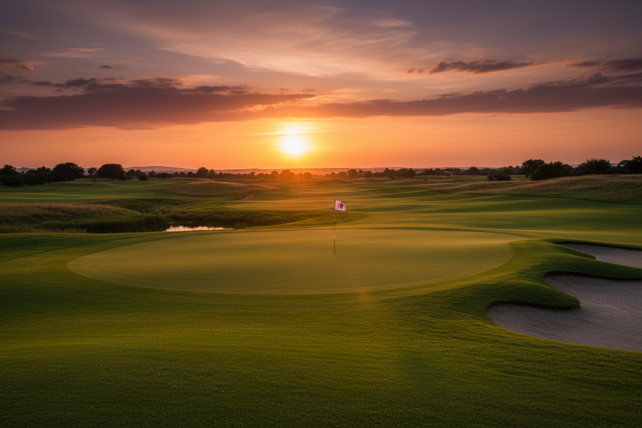 une image hyper realiste d'un golf et d'un coucher de soleil